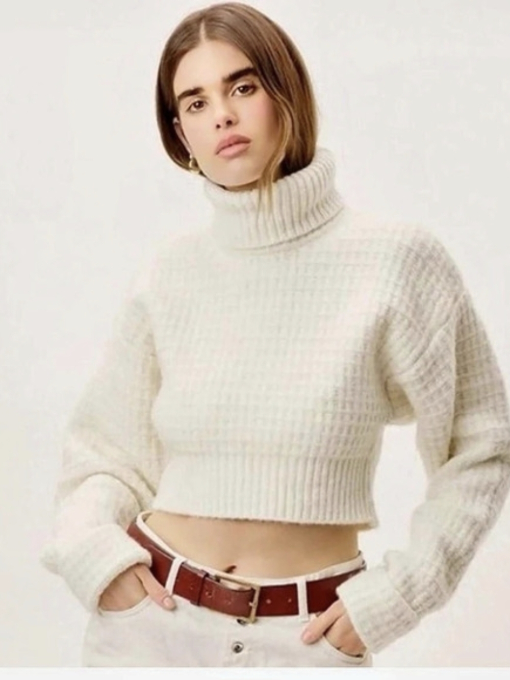 For Love & Lemons Madeline Turtleneck Crop Sweater White Sz Large Cozy